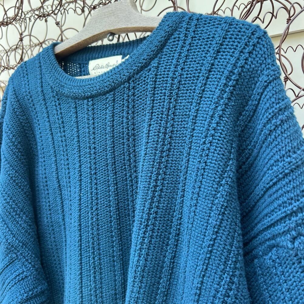 Vintage 90s Eddie Bauer Dark Teal Blue Rib Knit Crewneck Sweater Cotton LARGE